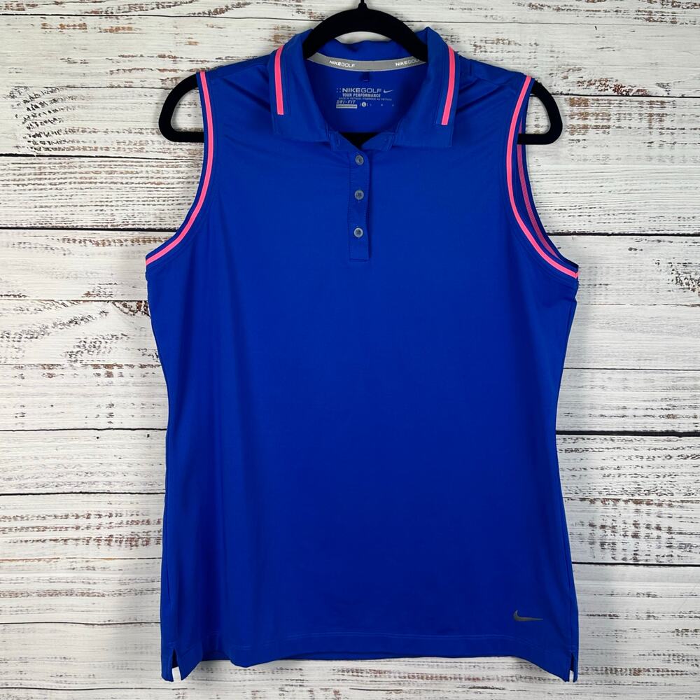 Womens Nike Golf Tour Performance Dri Fit Blue Pink Stripe Sleeveless Polo Sz L